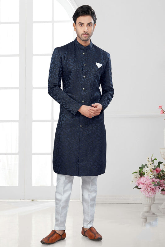 Navy Blue Colour Silk Dupion Sherwani