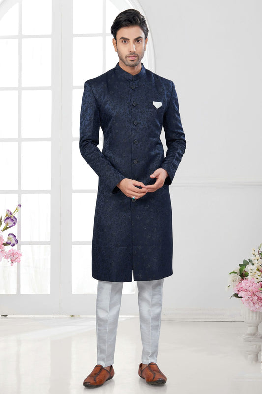 Navy Blue Colour Silk Dupion Sherwani