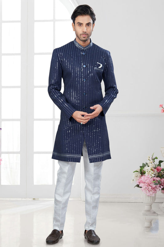 Navy Blue Colour Silk Dupion Sherwani