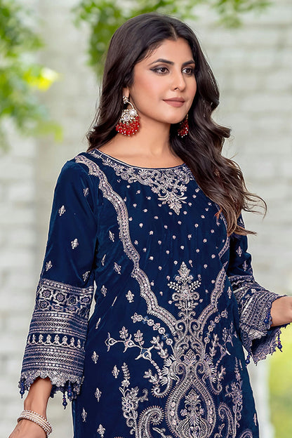 Navy Blue Colour Velvet Semi Stitched Pakistani Suit VSSM1250210