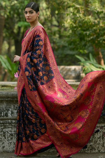 Navy Blue Colour Woven Work Pashmina Silk Saree