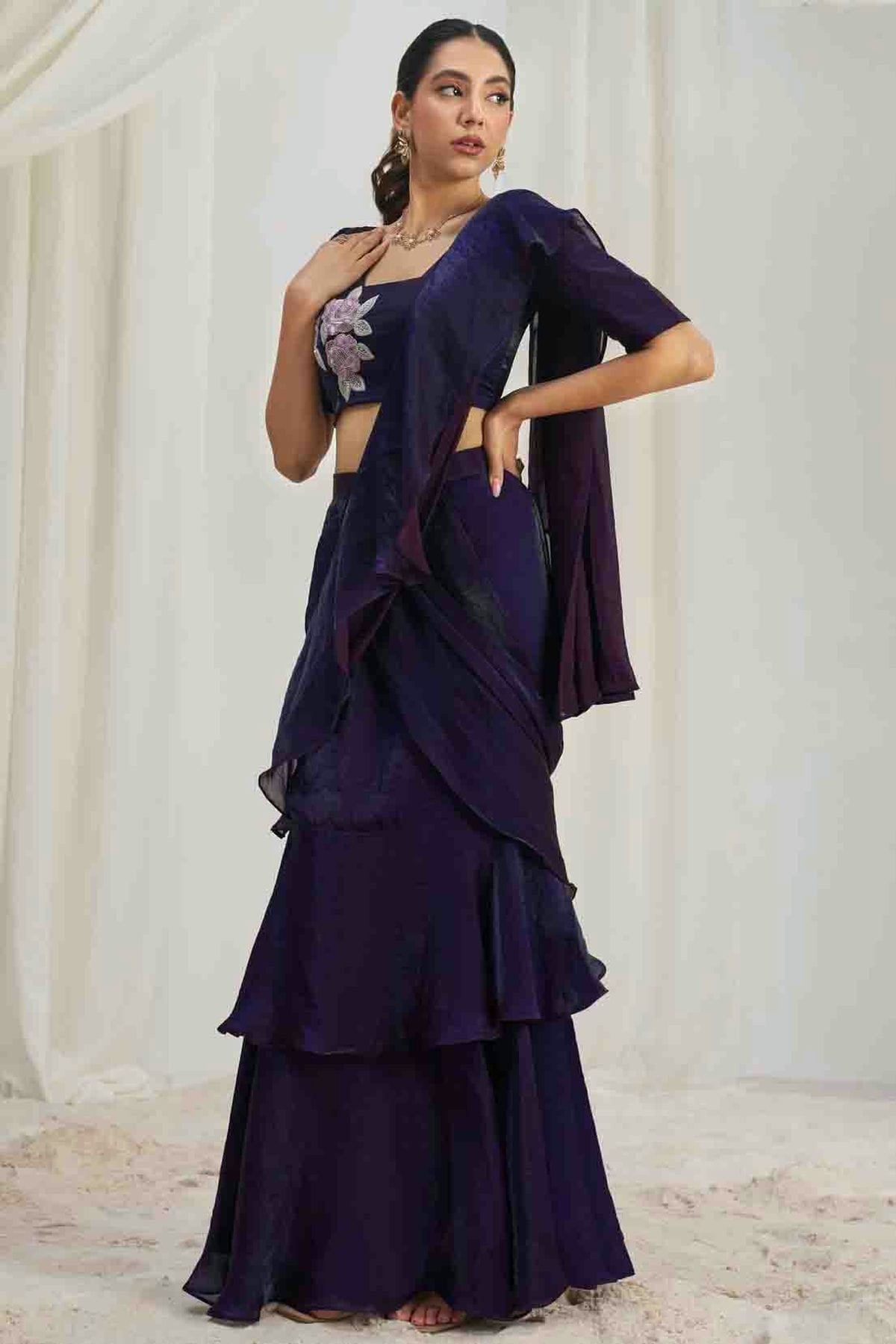 Navy Blue Organza Hand Work Ready To Wear Saree VSSD1080974