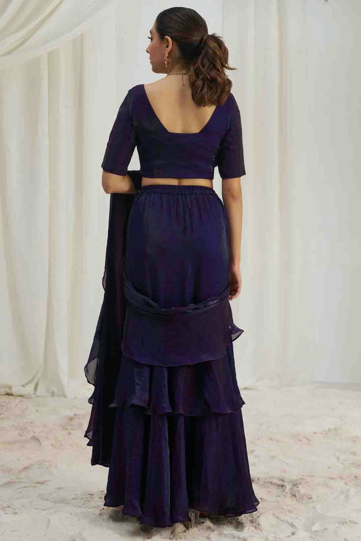 Navy Blue Organza Hand Work Ready To Wear Saree VSSD1080974