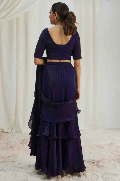 Navy Blue Organza Hand Work Ready To Wear Saree VSSD1080974