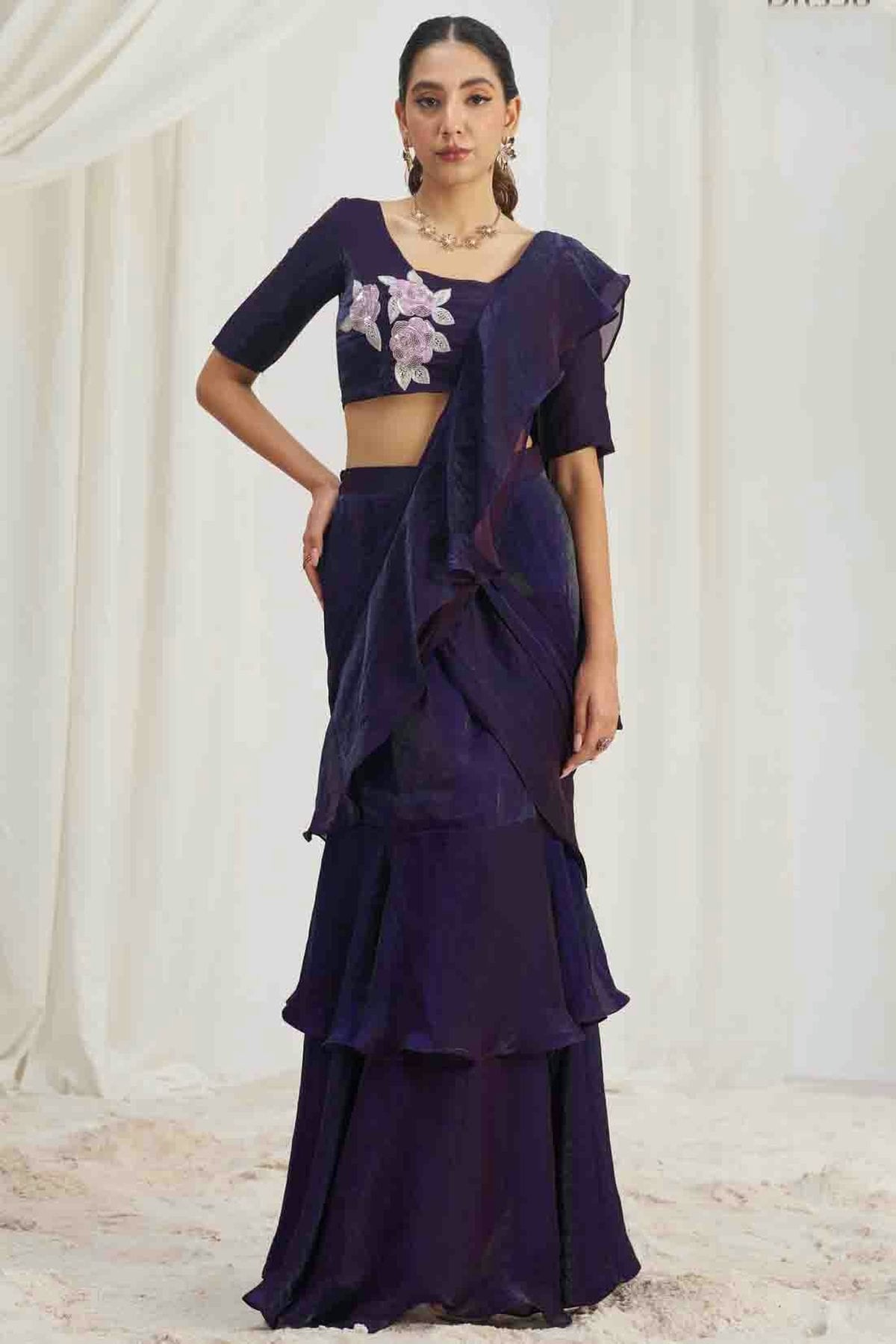 Navy Blue Organza Hand Work Ready To Wear Saree VSSD1080974