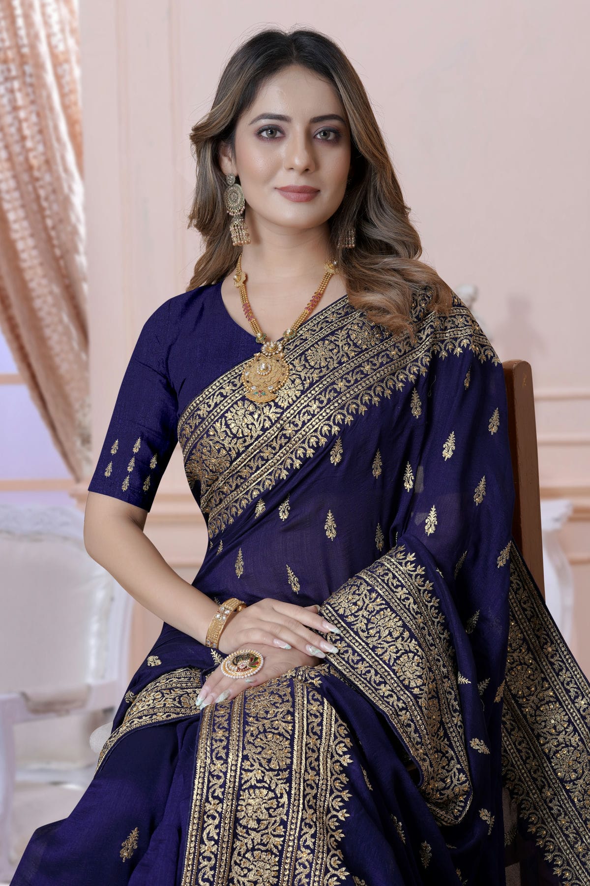 Navy Blue Colour Vichitra Silk Saree VSSD1090894
