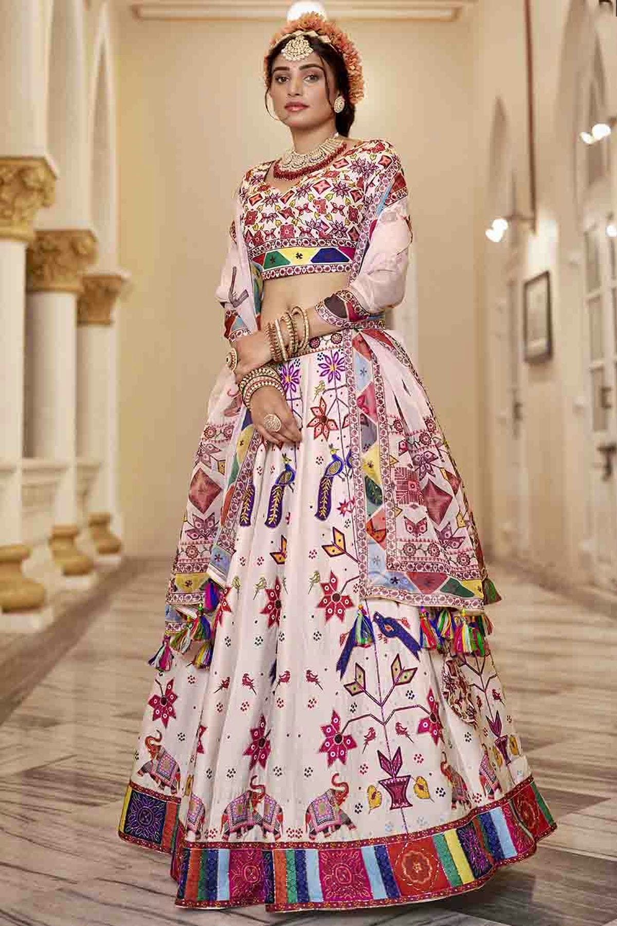 Off White Colour Art Silk Printed and Hand Work Lehenga Choli