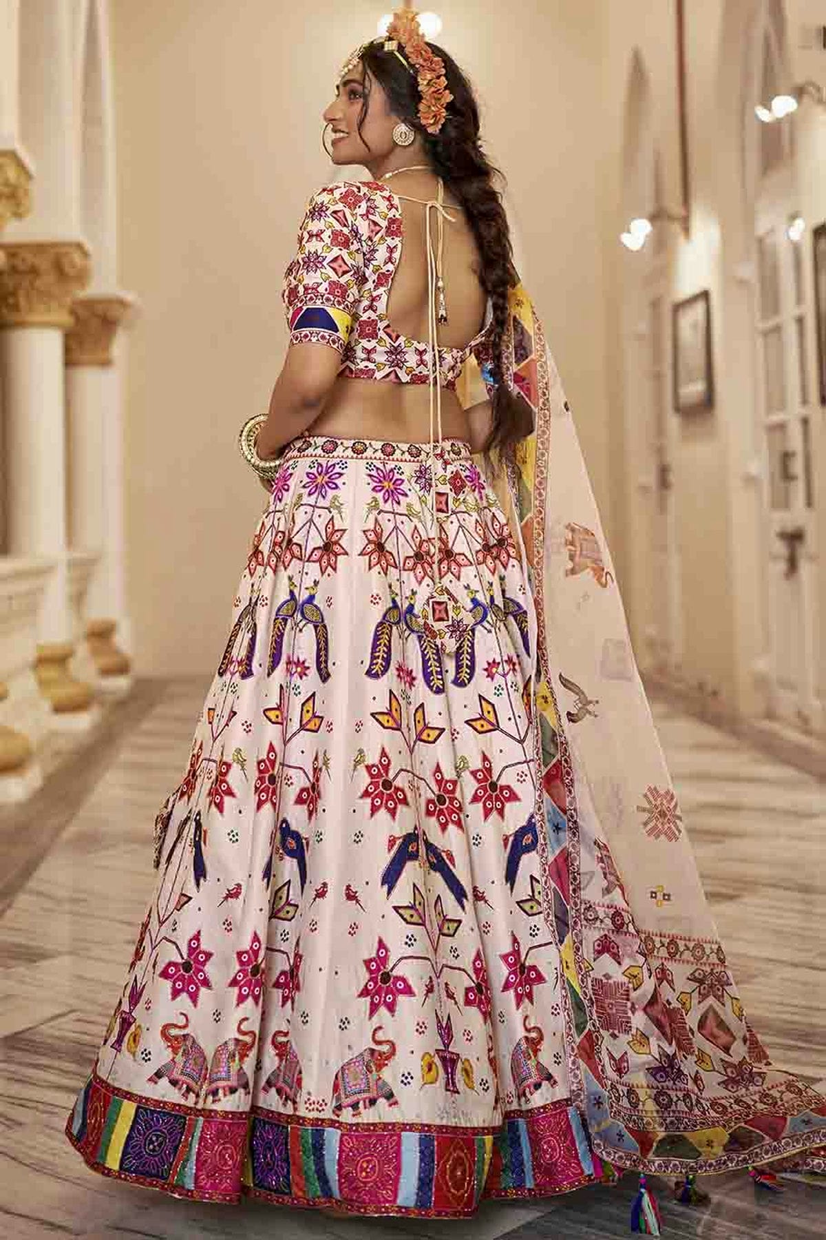 Off White Colour Art Silk Printed and Hand Work Lehenga Choli