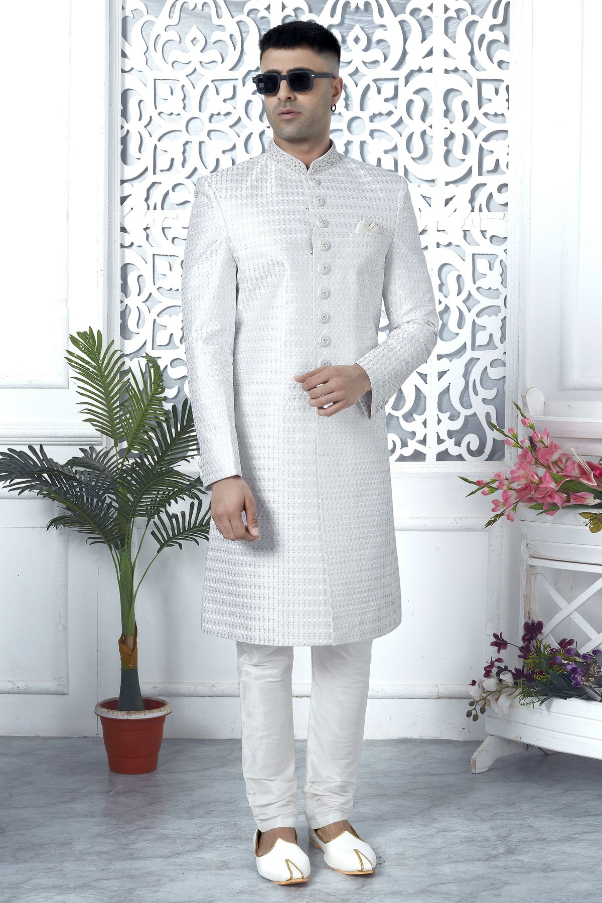 Off White Colour Art Silk Sherwani With Churidar Pant VSSH1230063
