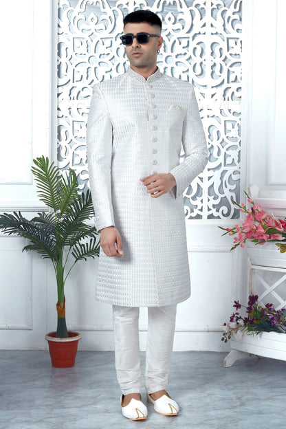 Off White Colour Art Silk Sherwani With Churidar Pant VSSH1230063