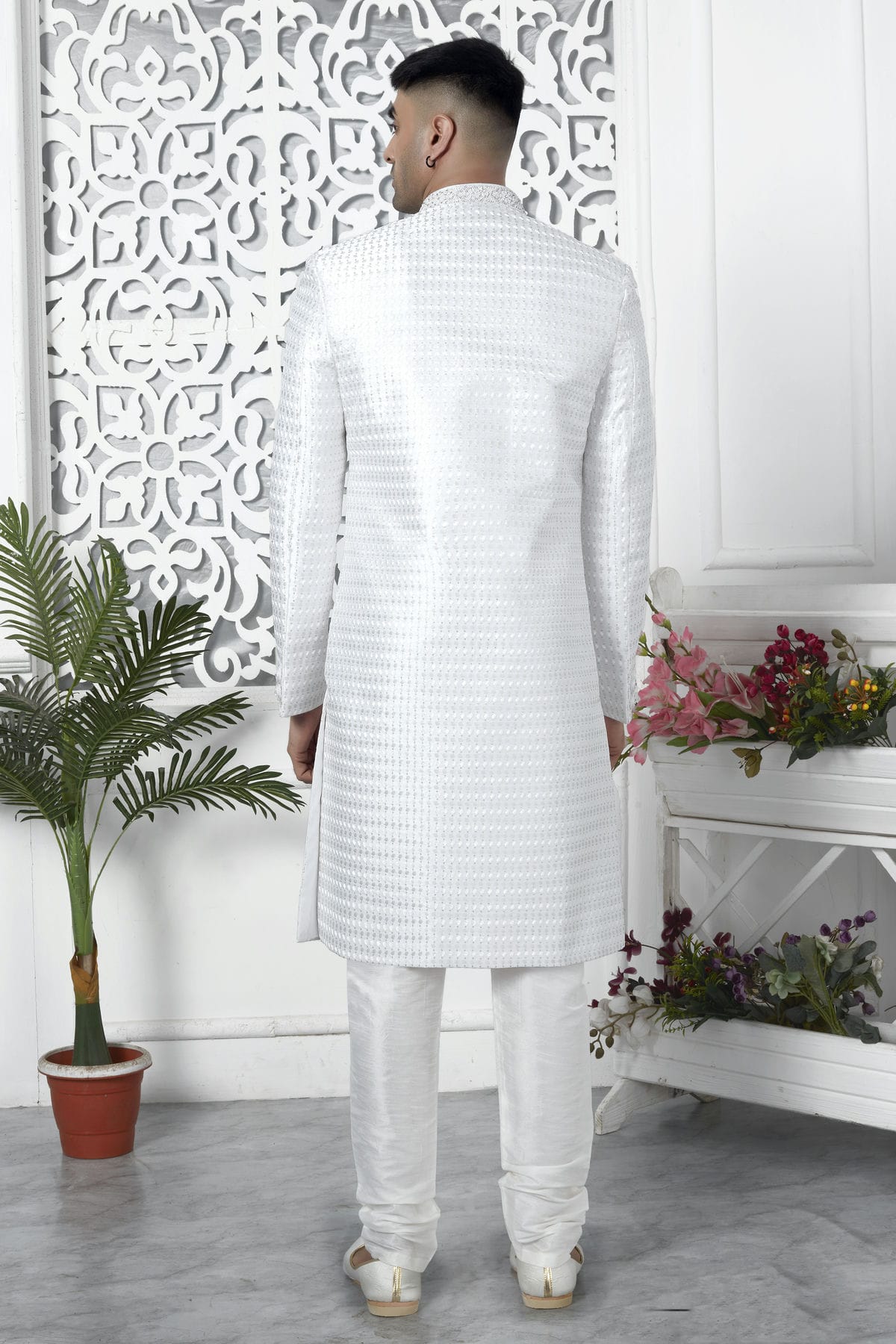 Off White Colour Art Silk Sherwani With Churidar Pant VSSH1230063