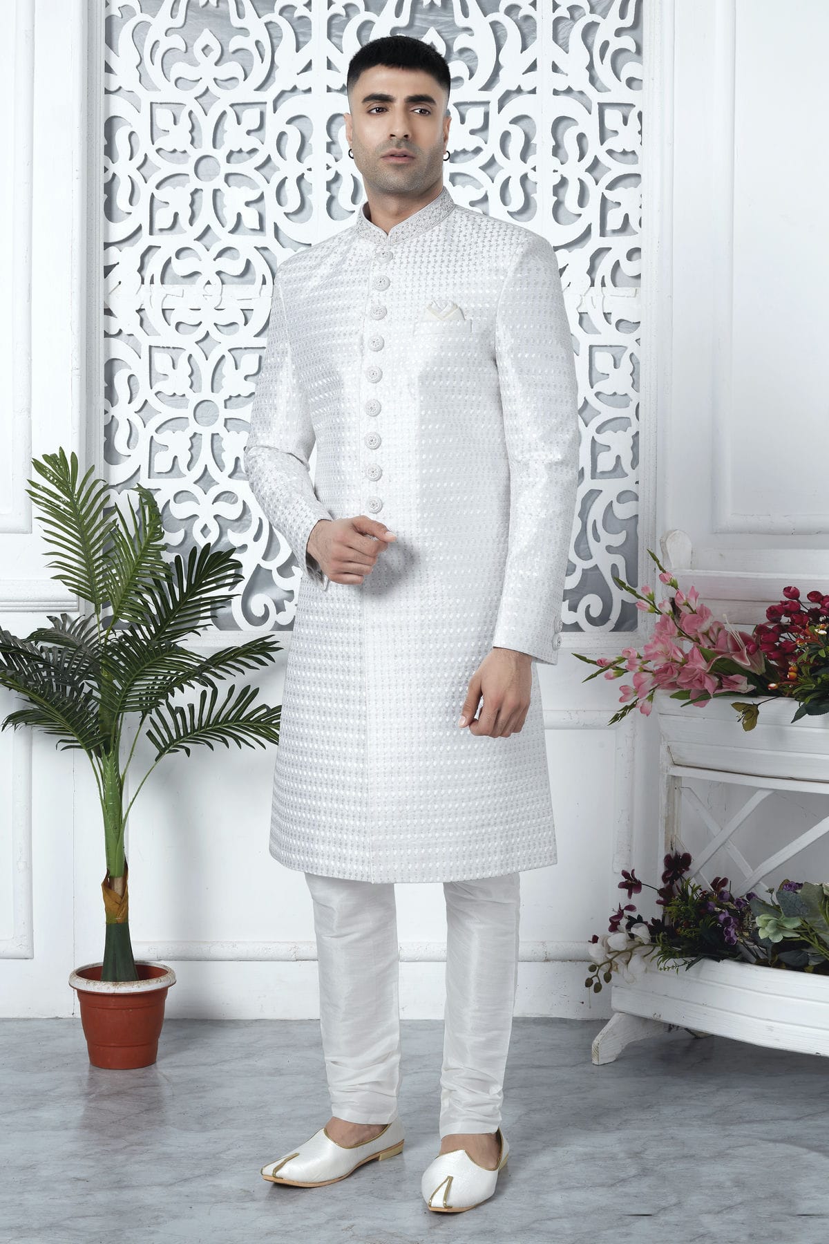 Off White Colour Art Silk Sherwani With Churidar Pant