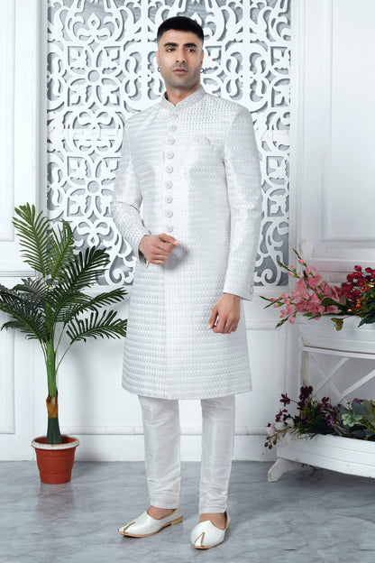 Off White Colour Art Silk Sherwani With Churidar Pant