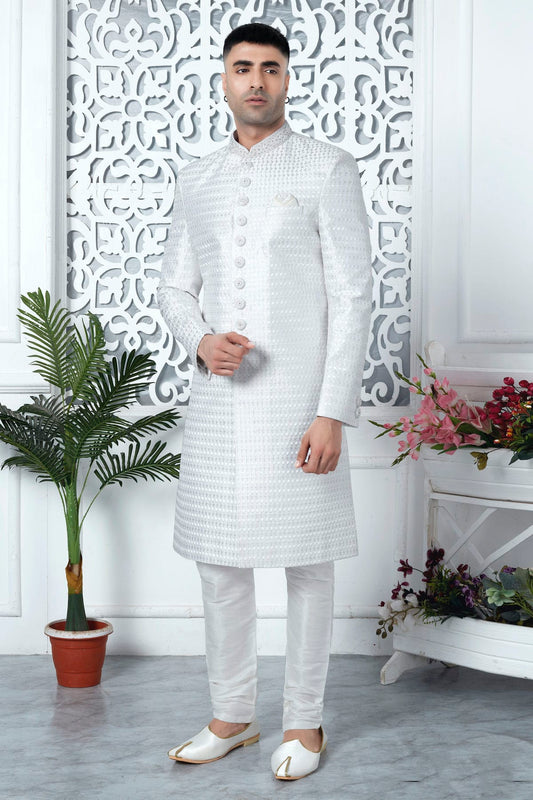 Off White Colour Art Silk Sherwani With Churidar Pant