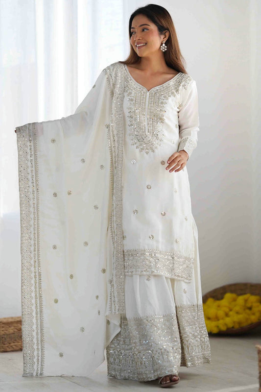 Off White Colour Chinon Silk Stitched Suit VSSS1112999