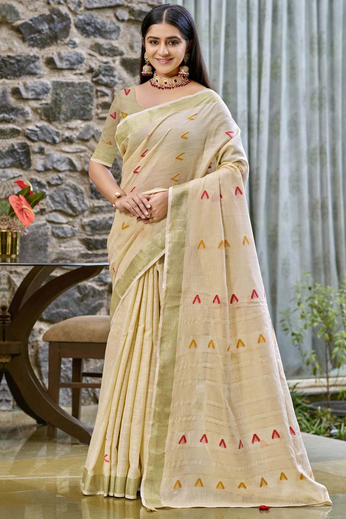 Off White Colour Cotton Woven Work Traditional Saree