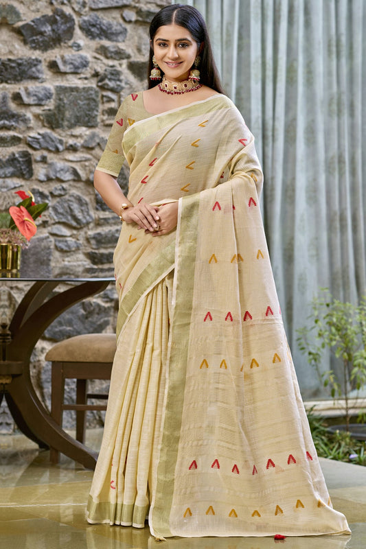 Off White Colour Cotton Woven Work Traditional Saree