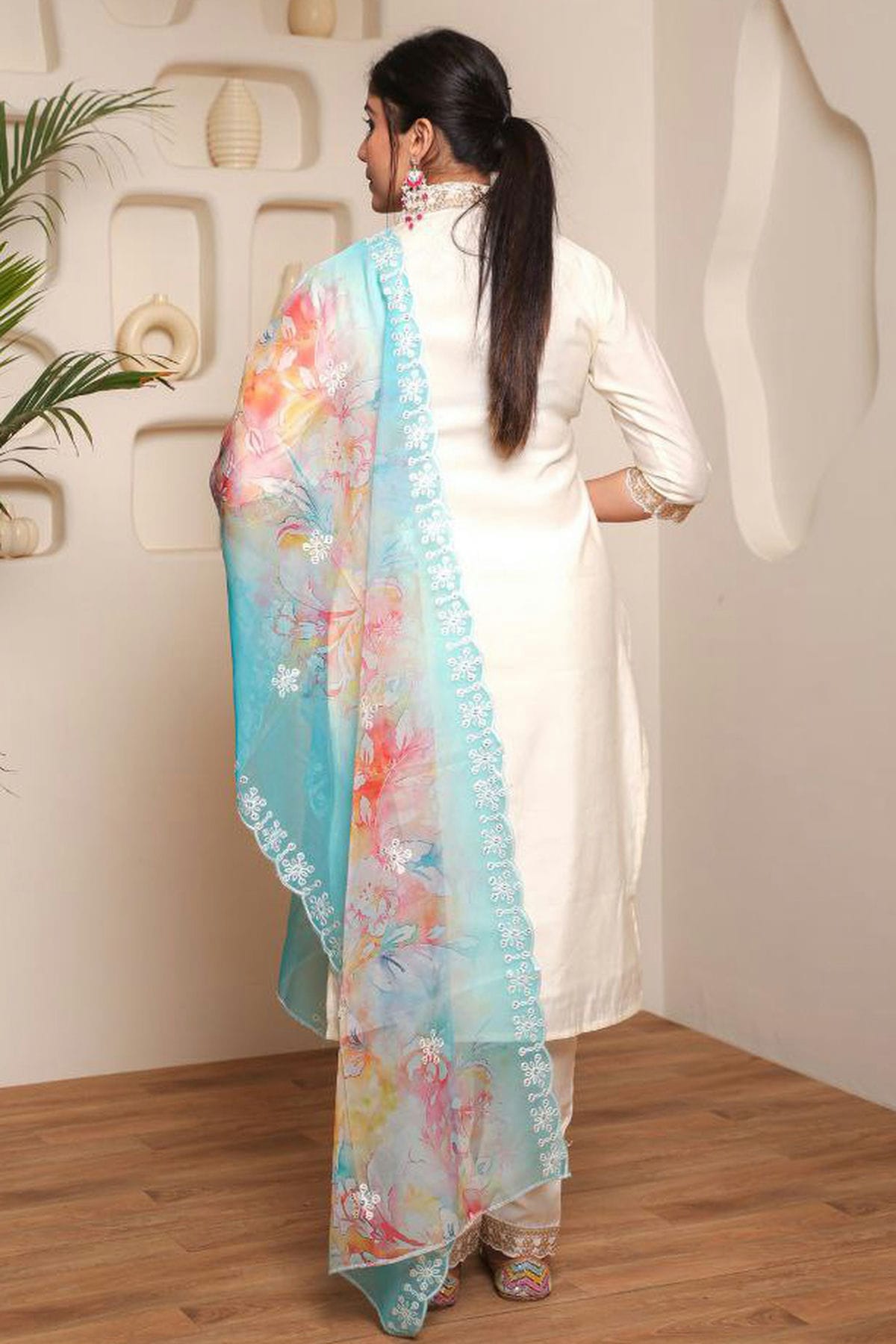 Off White Colour Embroidery Chanderi Stitched Suit