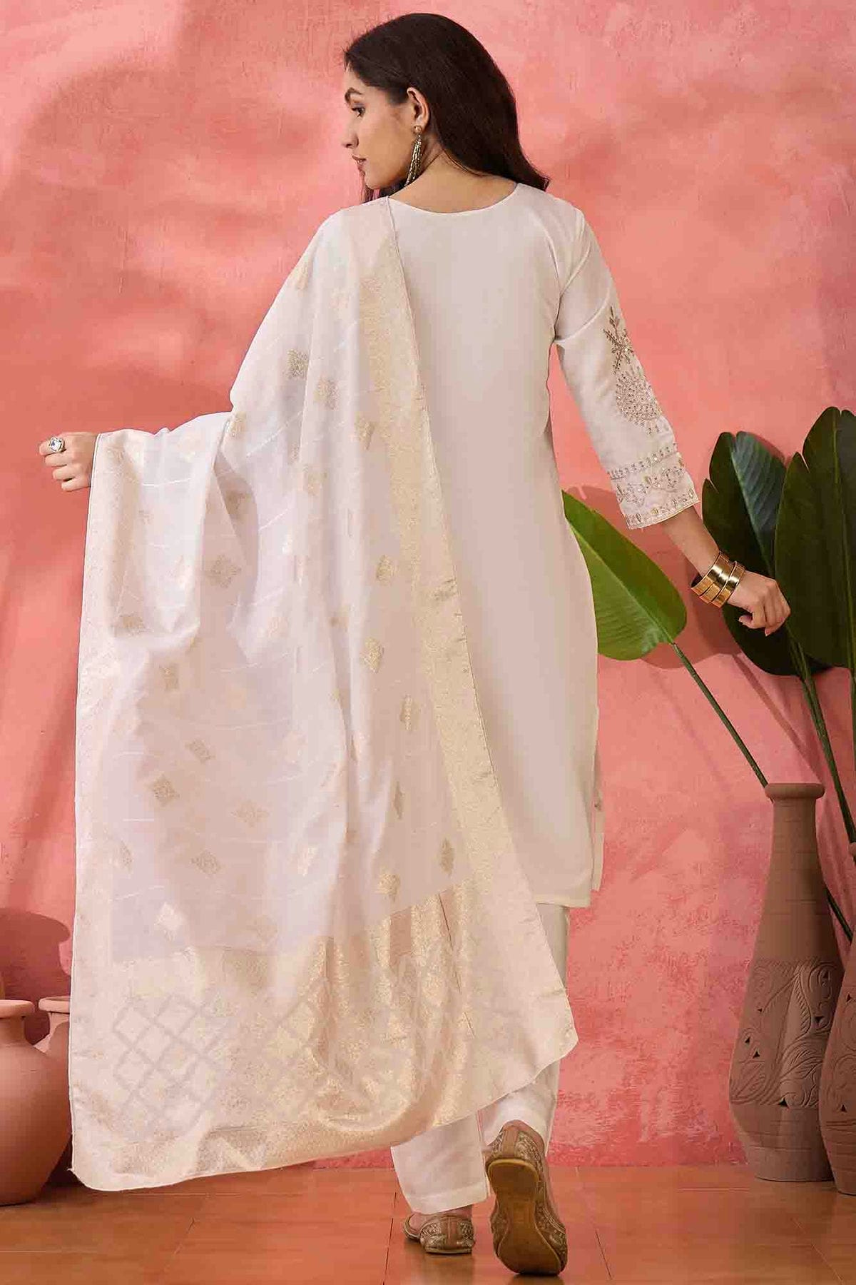Off White Colour Embroidery Roman Silk Pant Style Suit VSSS1113514