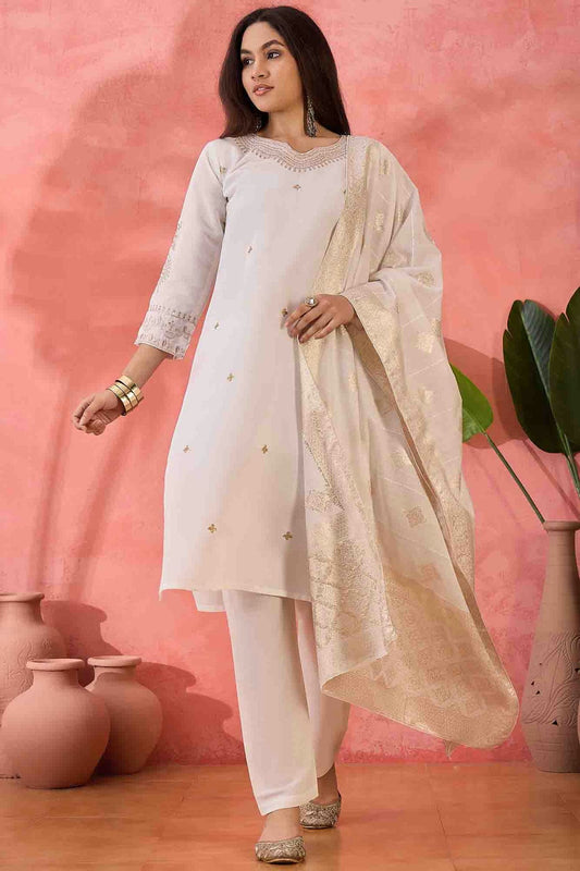 Off White Colour Embroidery Roman Silk Pant Style Suit VSSS1113514