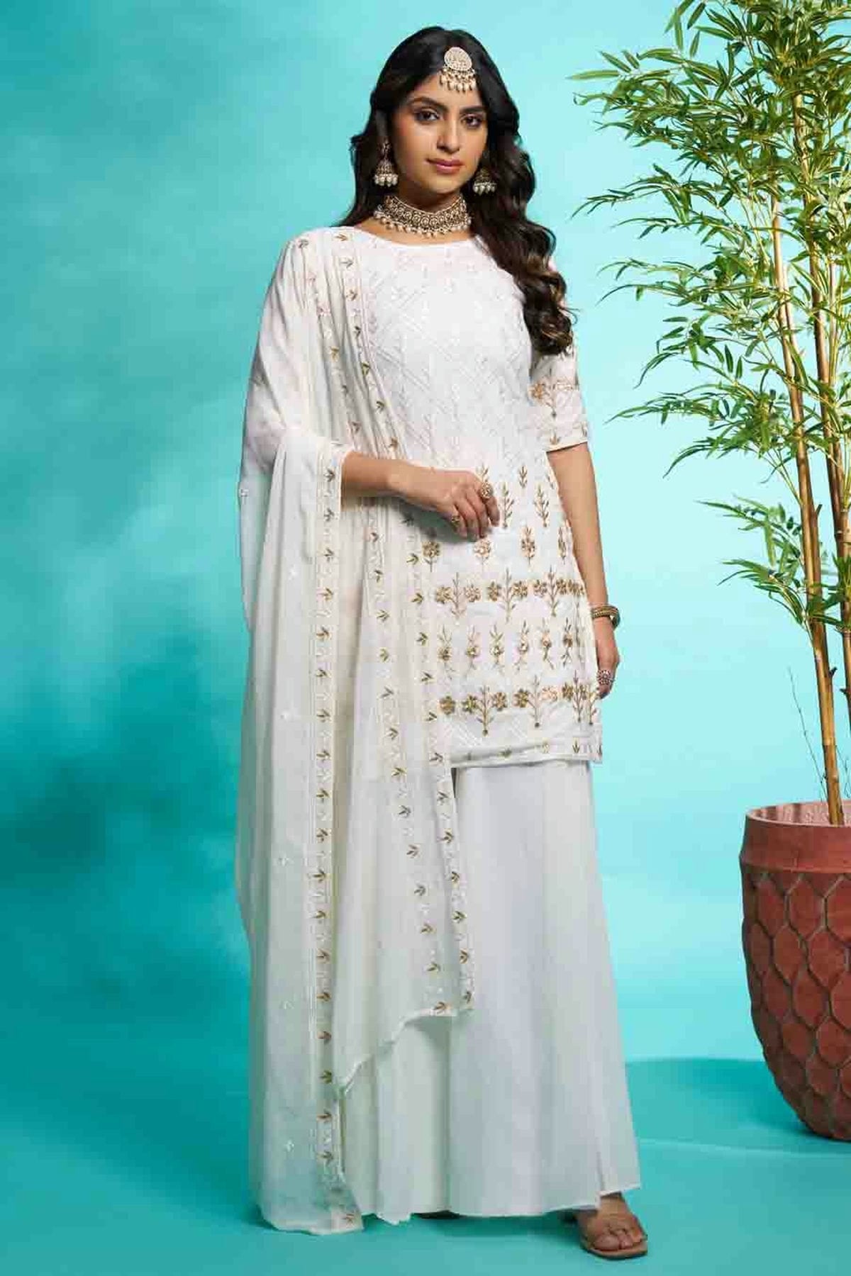 Off White Colour Faux Georgette Stitched Suit VSSS1112898