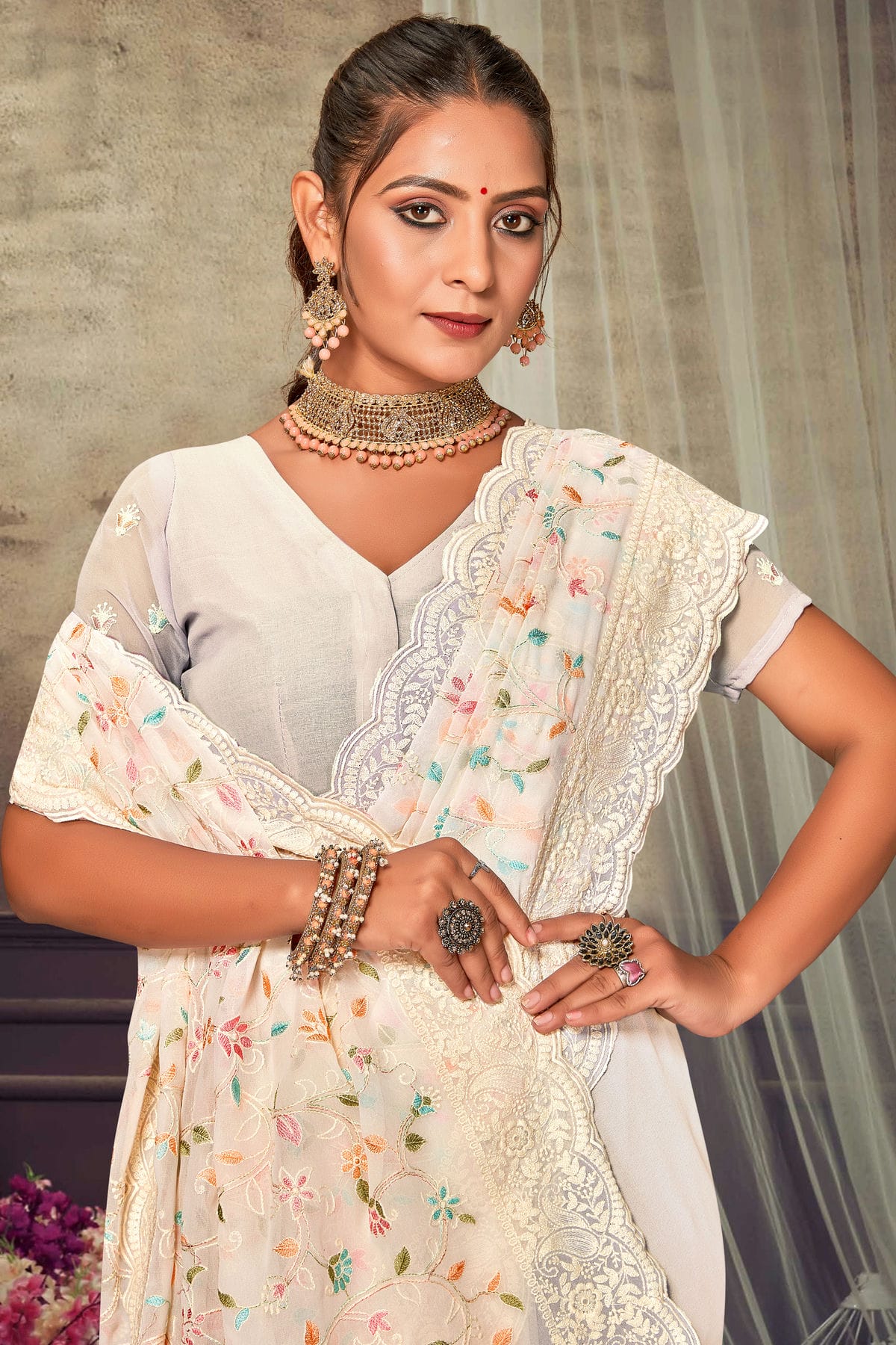 Off White Colour Georgette Designer Saree VSLC1121551