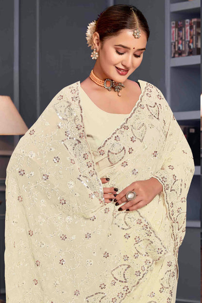 Off White Colour Georgette Embroidery Work Designer Saree VSSD1091248