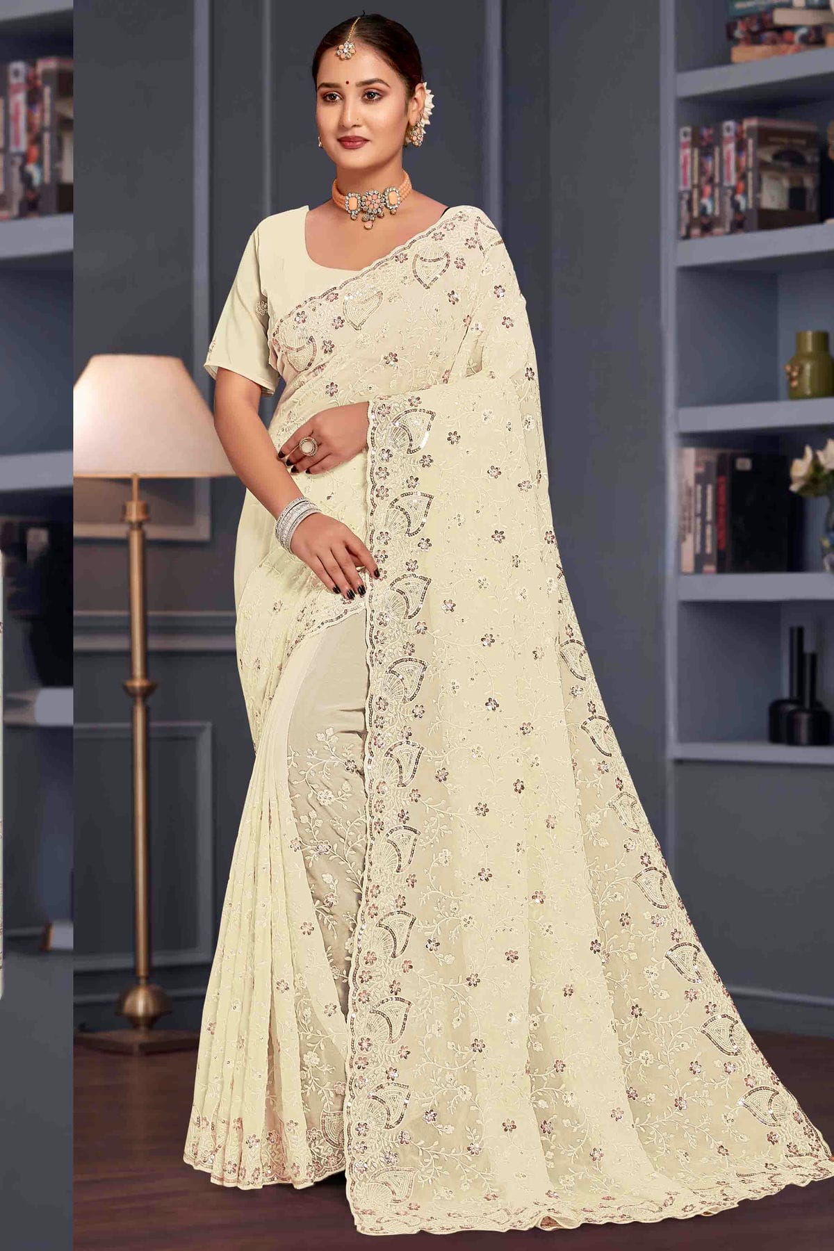 Off White Colour Georgette Embroidery Work Designer Saree VSSD1091248