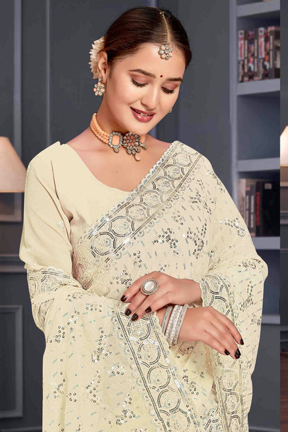 Off White Colour Georgette Embroidery Work Designer Saree VSSD1091252