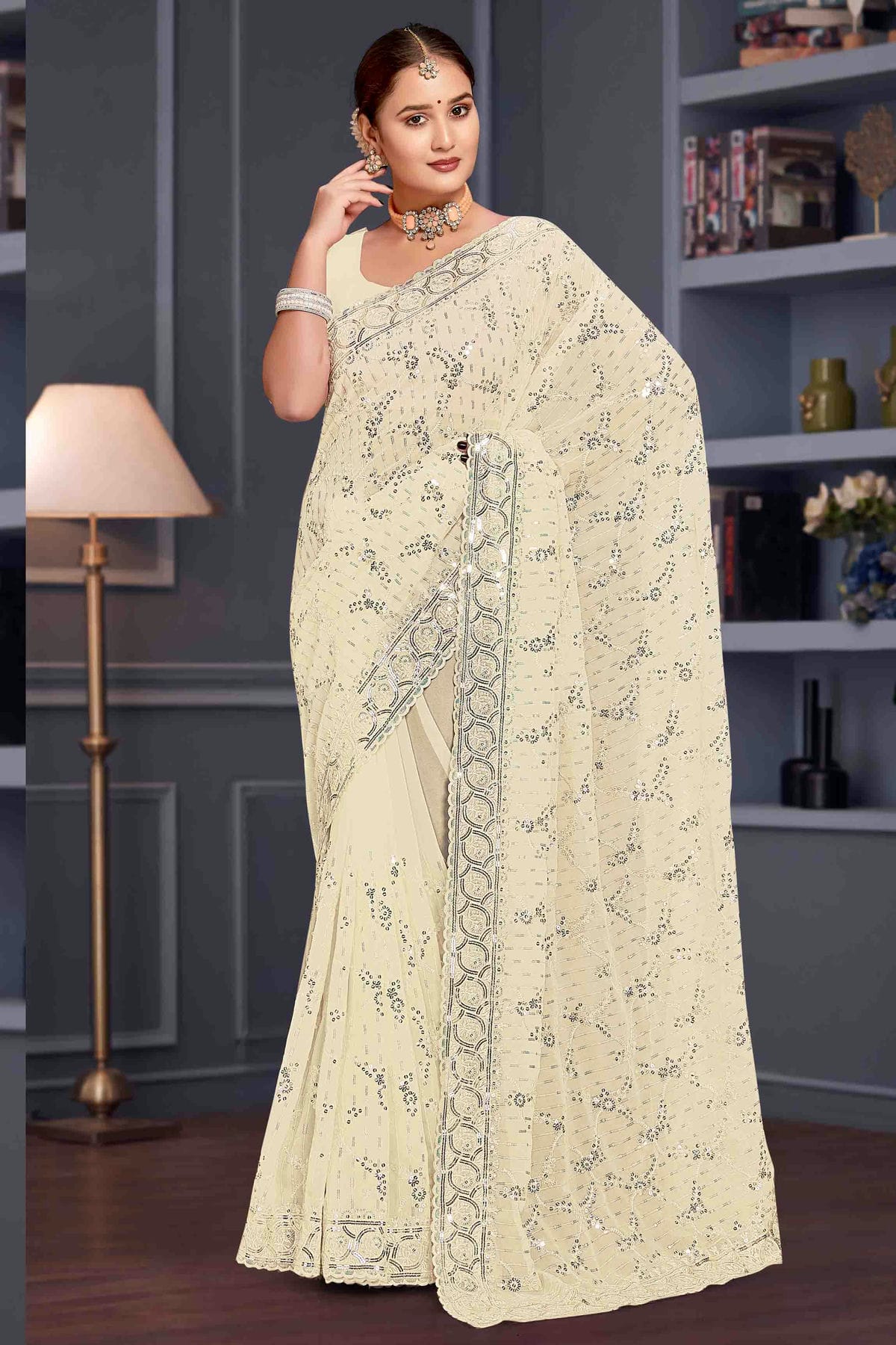 Off White Colour Georgette Embroidery Work Designer Saree VSSD1091252