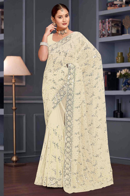 Off White Colour Georgette Embroidery Work Designer Saree VSSD1091252