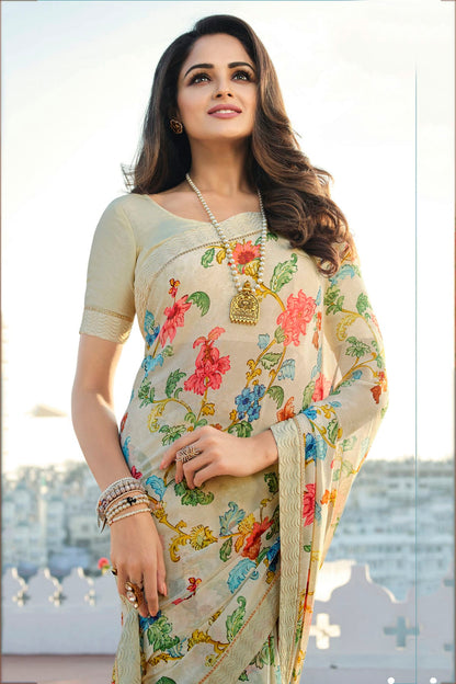 Off White Colour Georgette Printed Saree VSSD1180077