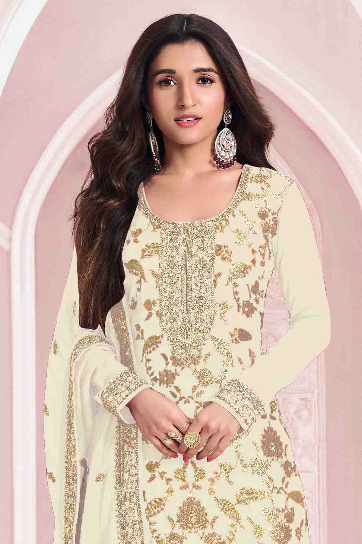 Off White Colour Jacquard Viscose Pant Style Suit VSSM1140910