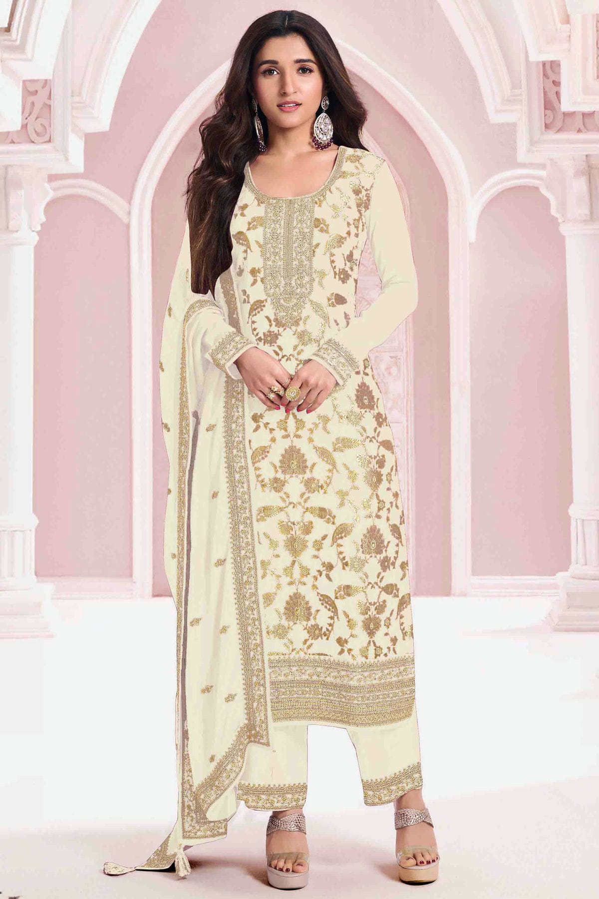 Off White Colour Jacquard Viscose Pant Style Suit VSSM1140910