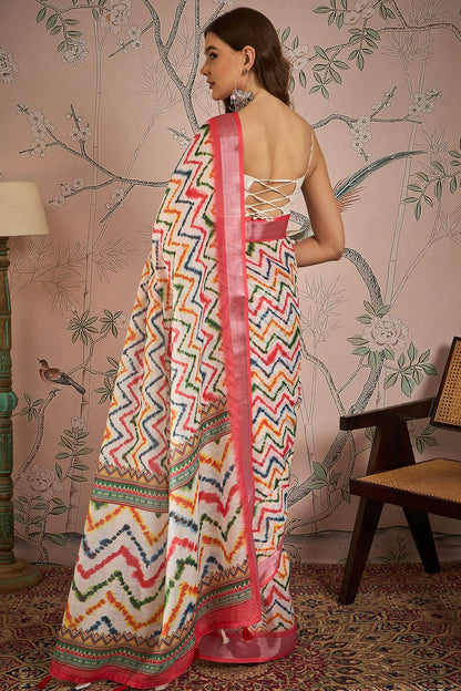 Off White Colour Linen Blend Printed Saree VSSD1111667