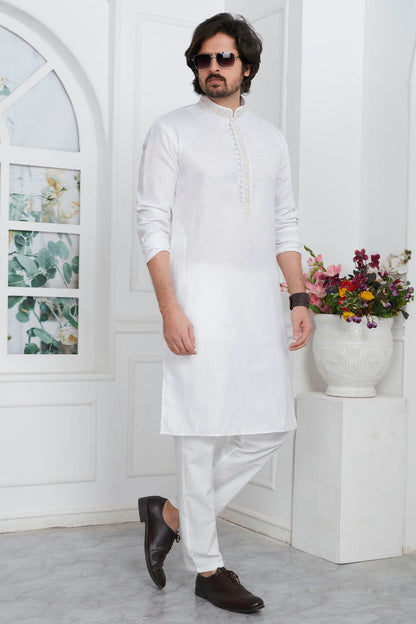 Off White Colour Linen Cotton Thread Work Kurta Pajama VSKP1230144