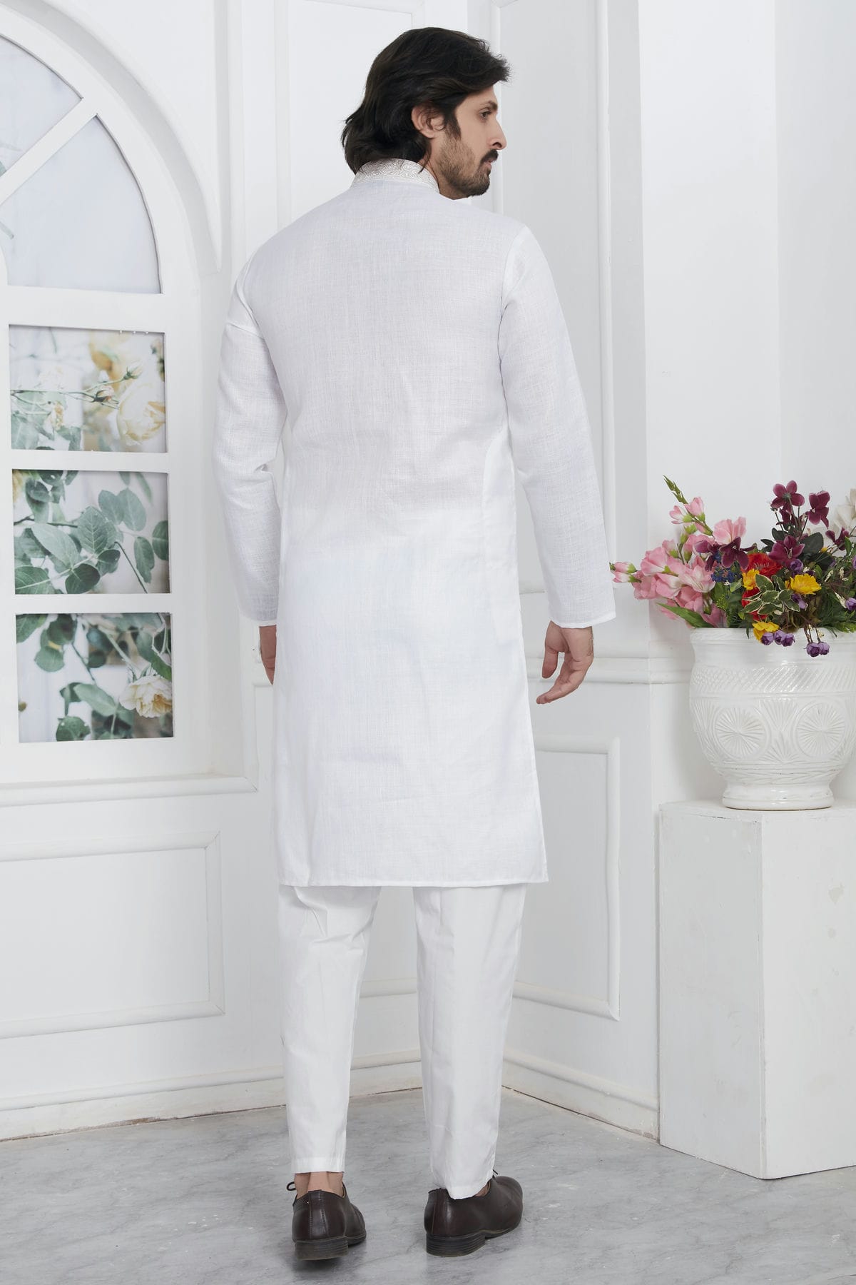 Off White Colour Linen Cotton Thread Work Kurta Pajama VSKP1230144