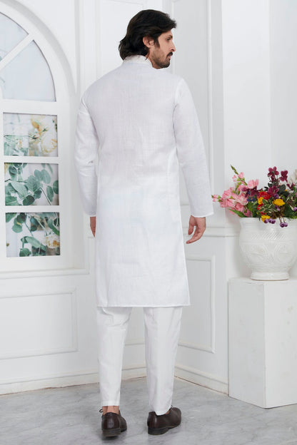 Off White Colour Linen Cotton Thread Work Kurta Pajama VSKP1230144