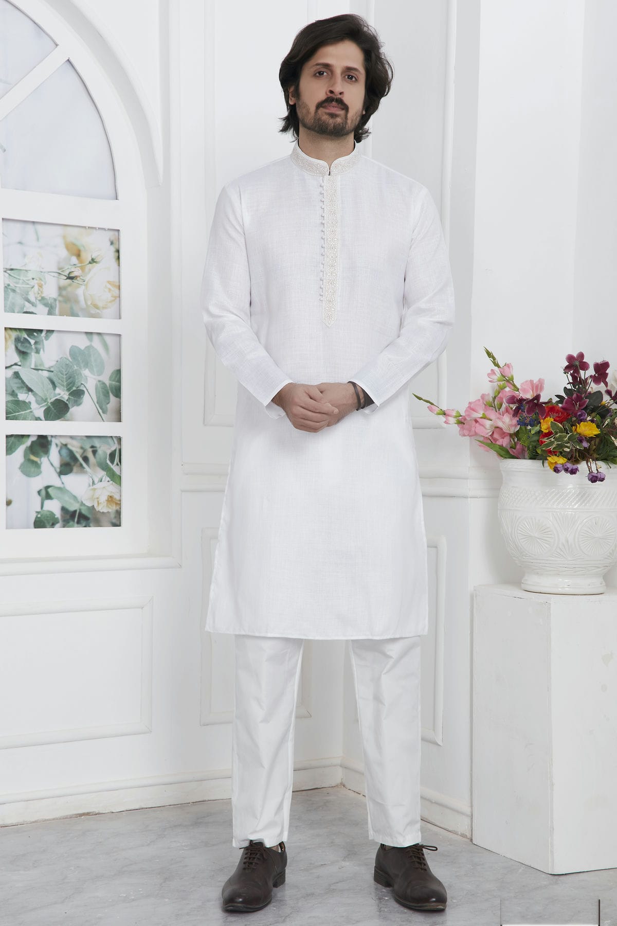 Off White Colour Linen Cotton Thread Work Kurta Pajama