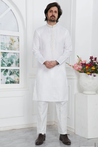 Off White Colour Linen Cotton Thread Work Kurta Pajama