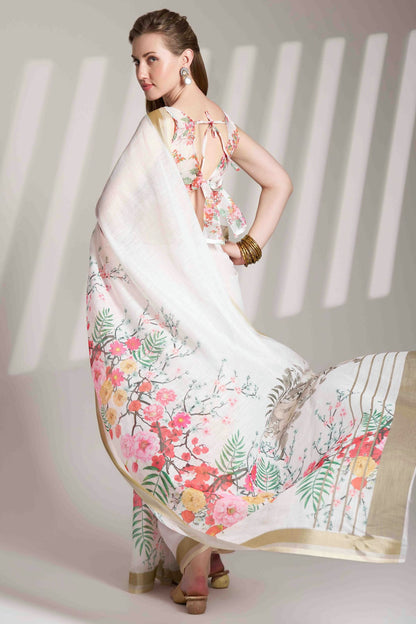 Off White Colour Linen Printed Saree VSSD1112837