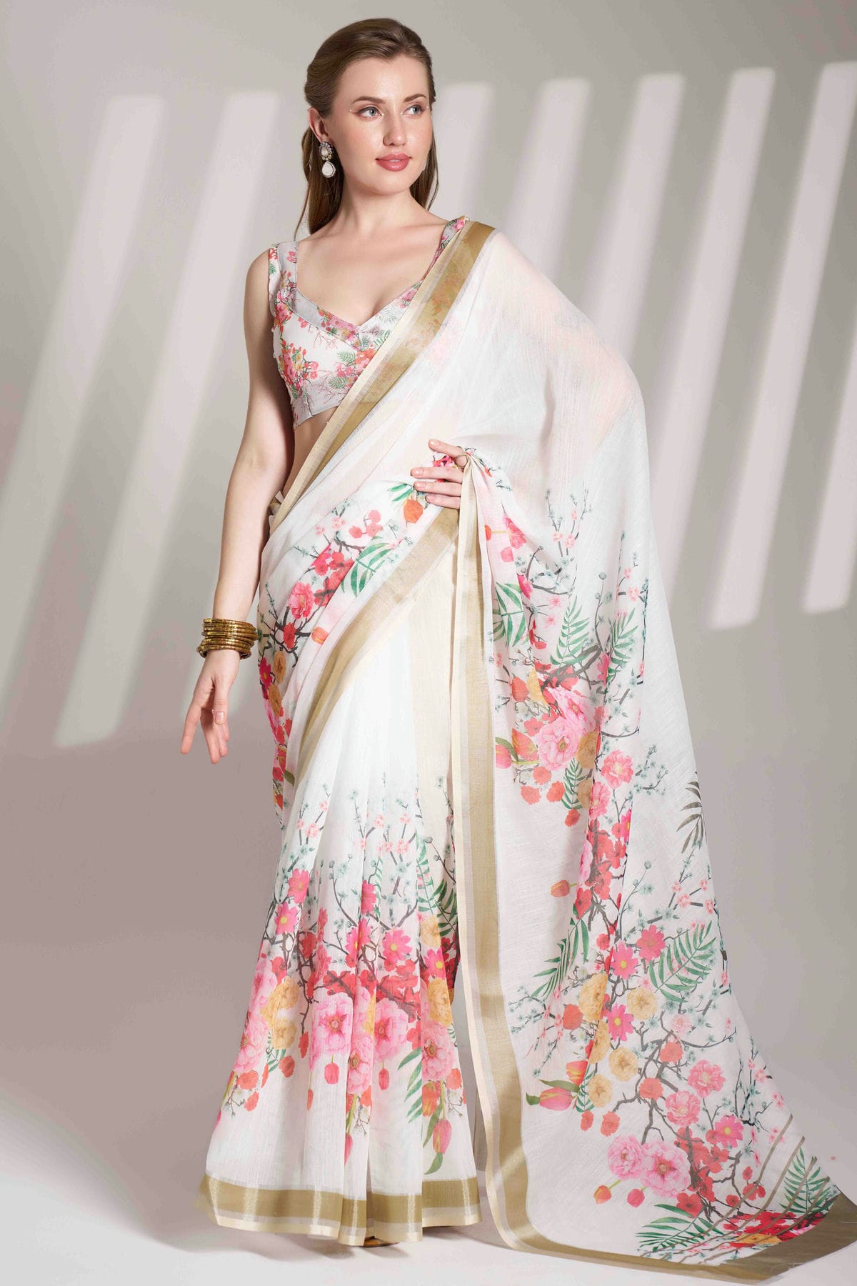 Off White Colour Linen Printed Saree VSSD1112837