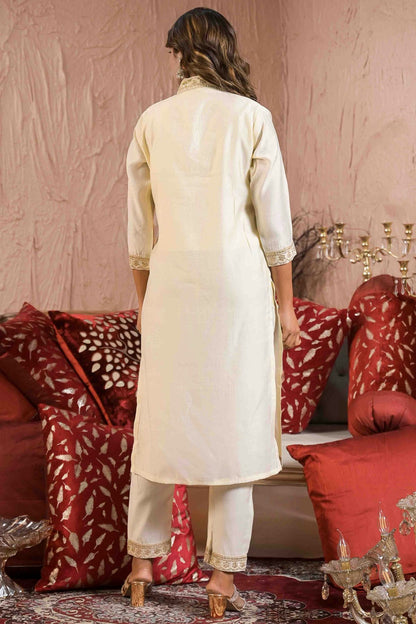 Off White Colour Reyon Slub Stitched Pant Style Suit VSSS1113887