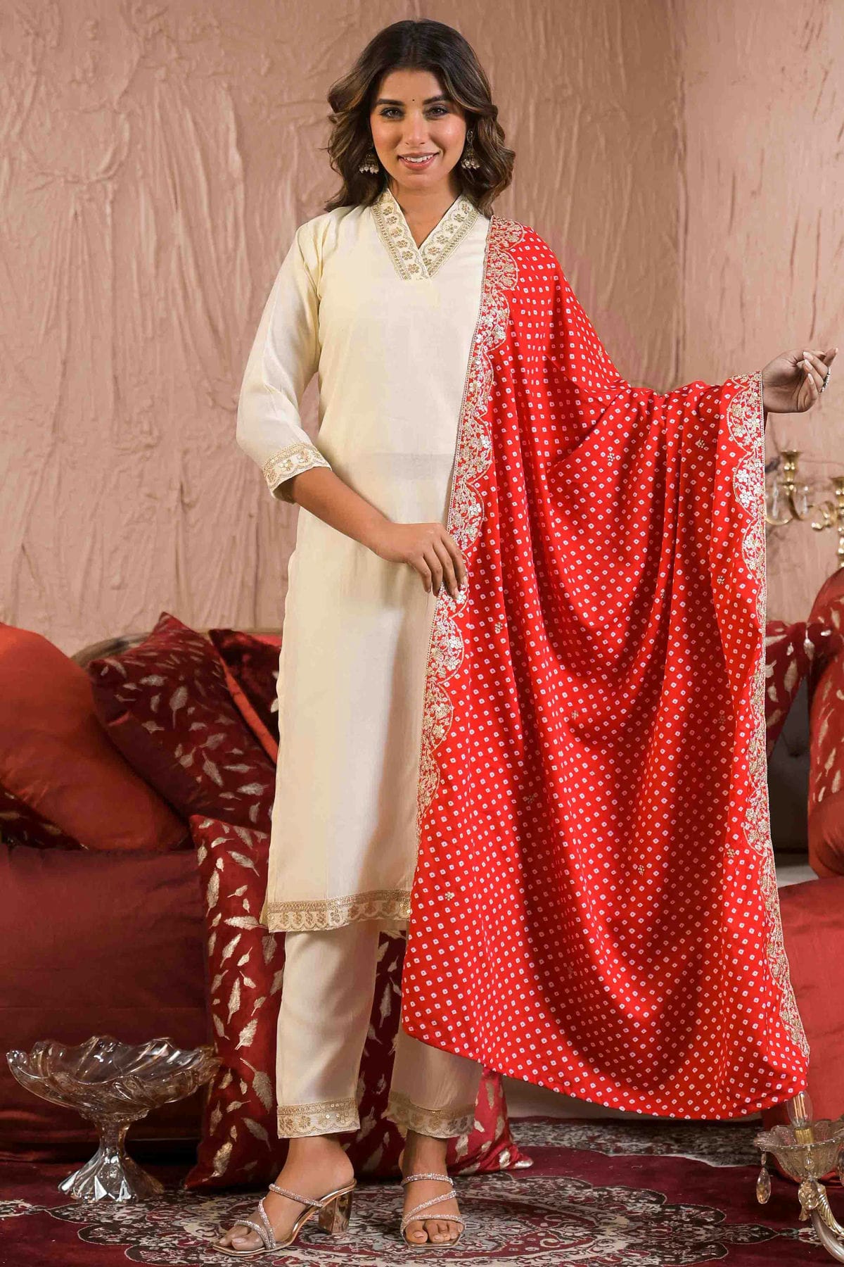 Off White Colour Reyon Slub Stitched Pant Style Suit VSSS1113887