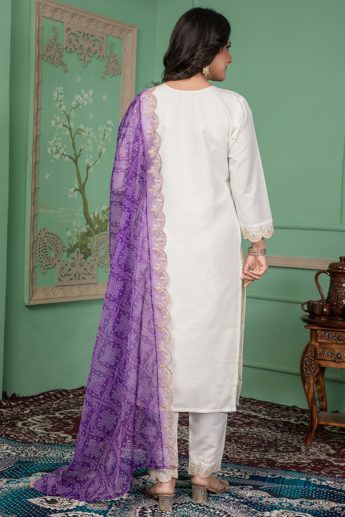 Off White Colour Roman Silk Stitched Suit