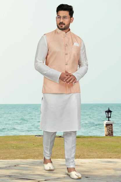 Off White Colour Silk Dhupion Jacket Kurta Pajama VSKP1040494