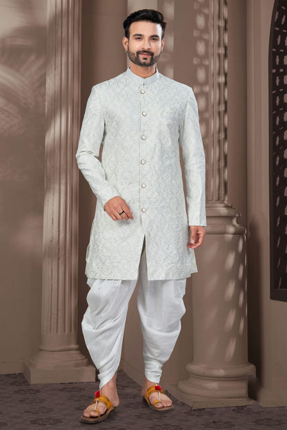 Off White Colour Silk Dupion Dhoti Sherwani