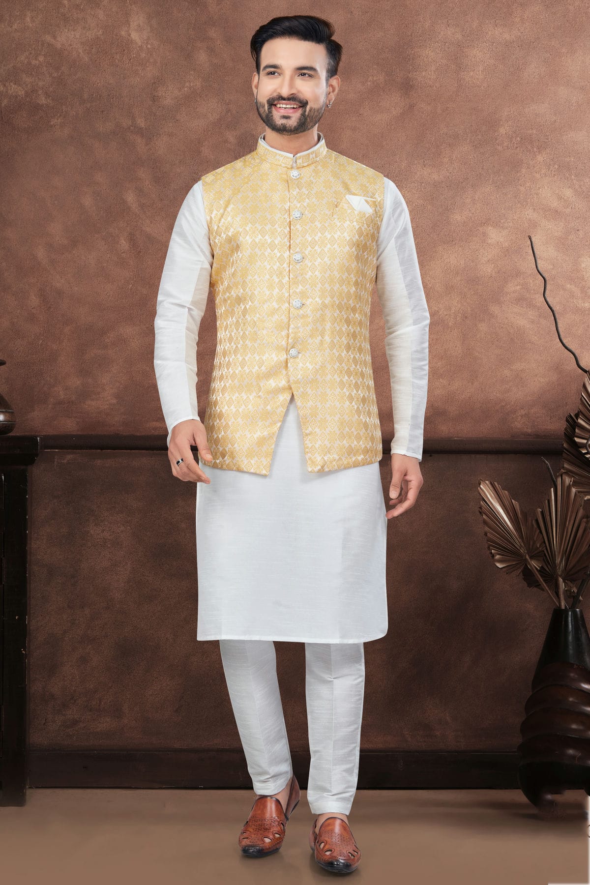 Off White Colour Silk Dupion Jacket Kurta Pajama