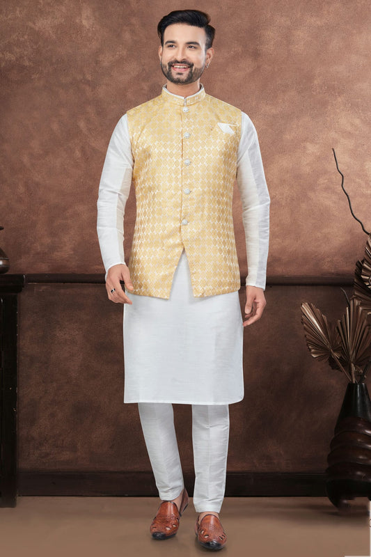 Off White Colour Silk Dupion Jacket Kurta Pajama