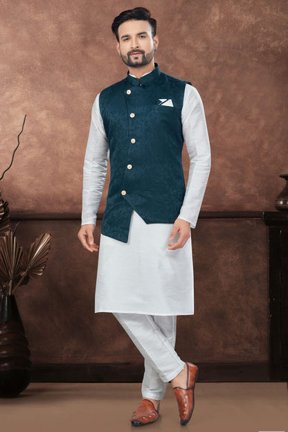 Off White Colour Silk Dupion Jacket Kurta Pajama